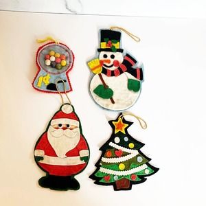 Vintage Felt Christmas Ornament Lot of 4 Gumball Machine Santa Tree Snowman E5